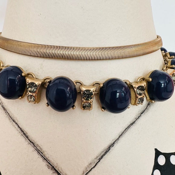 LIZ CLAIBORNE ~ Elegant Gold and Navy Blue Choker Necklace w/Toggle Closure - Picture 4 of 5
